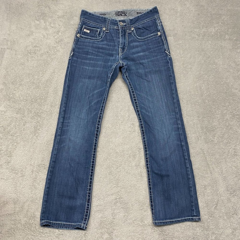 Buckle Black Jeans Mens 29 Blue 7 Fit Western Thick Stitch Flap Pockets Distress